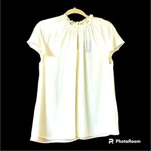 Express size large Ivory color lightweight flutter sleeve silk high-neck blouse